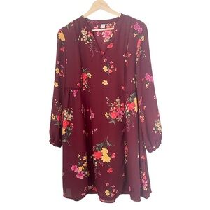 Old Navy Burgundy Red Purple Floral Dress Long Sleeved Babydoll Style — Size M